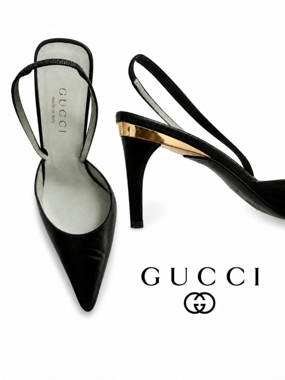 Rare Vintage Gucci Tom Ford Era Black Leather Gold Heel Slingback Pumps